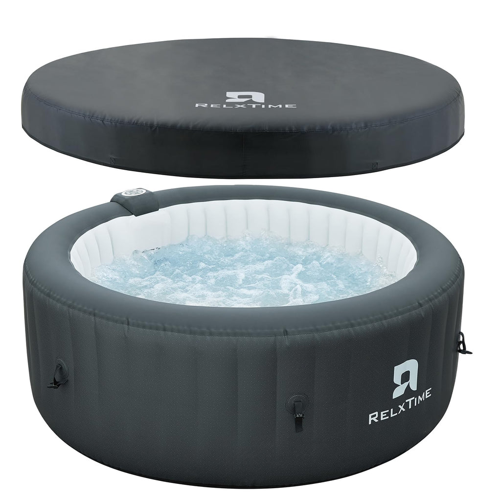 Inflatable Hot Tub Spa 2-4 Person 110 Air Jets, Portable Blow Up Hottub with Cover, Built in Heater Pump, Round Outdoor Spa, Cup Holder, 2 Filters