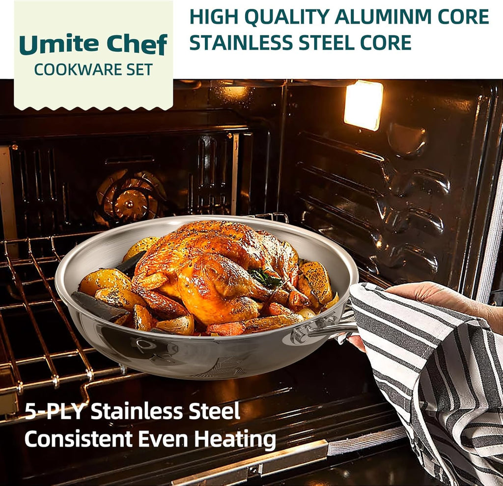 Umite Chef Stainless Steel Cookware Set, 5 Ply 14 Piece Stainless Steel Pot and Pan Set-Induction, Heavy Chef Quality, Oven Safe | Professional