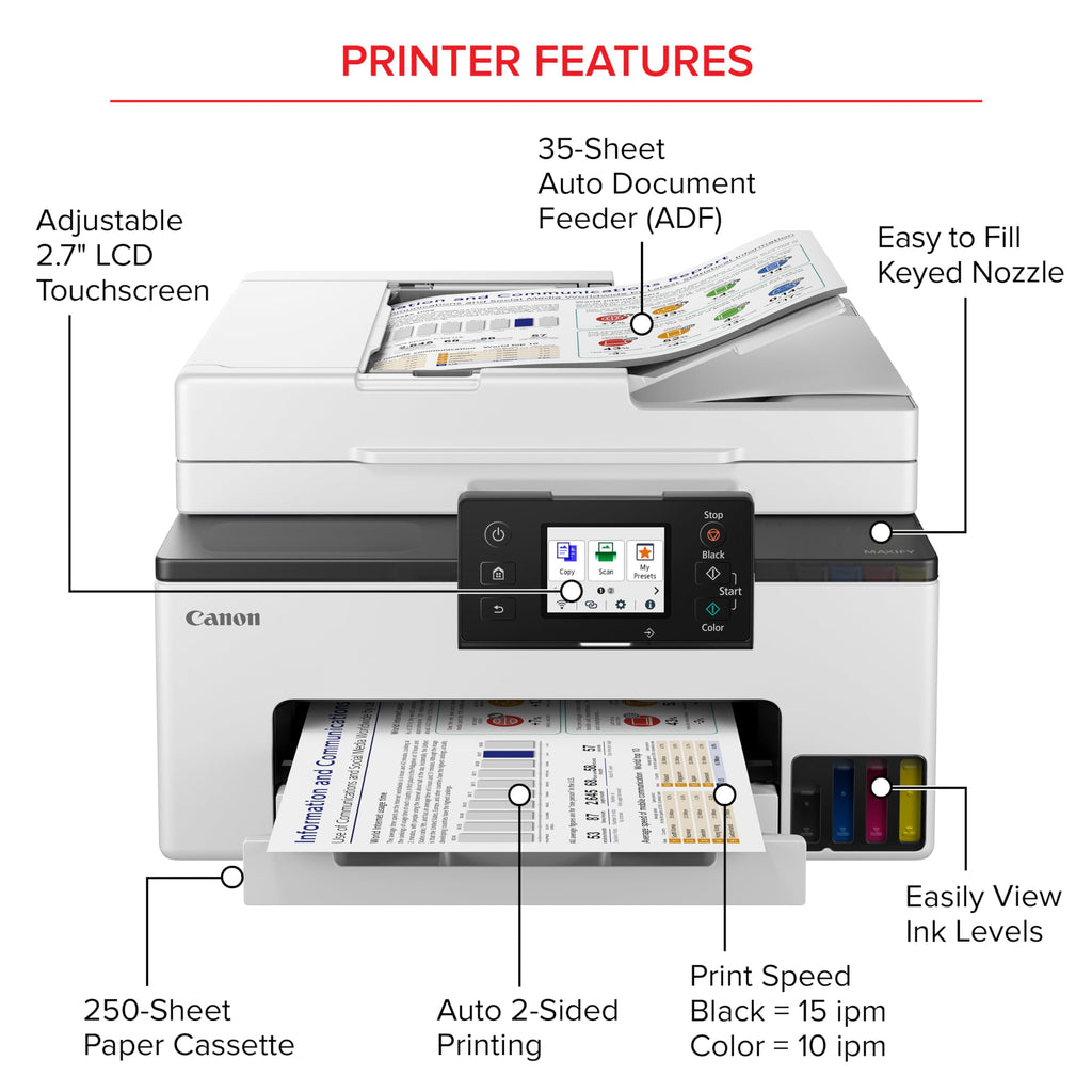 Canon MegaTank MAXIFY GX2020 All-in-One Wireless Color Printer C Print, Copy, Scan with Duplex Printing C Refillable Tank System, Compact Desktop