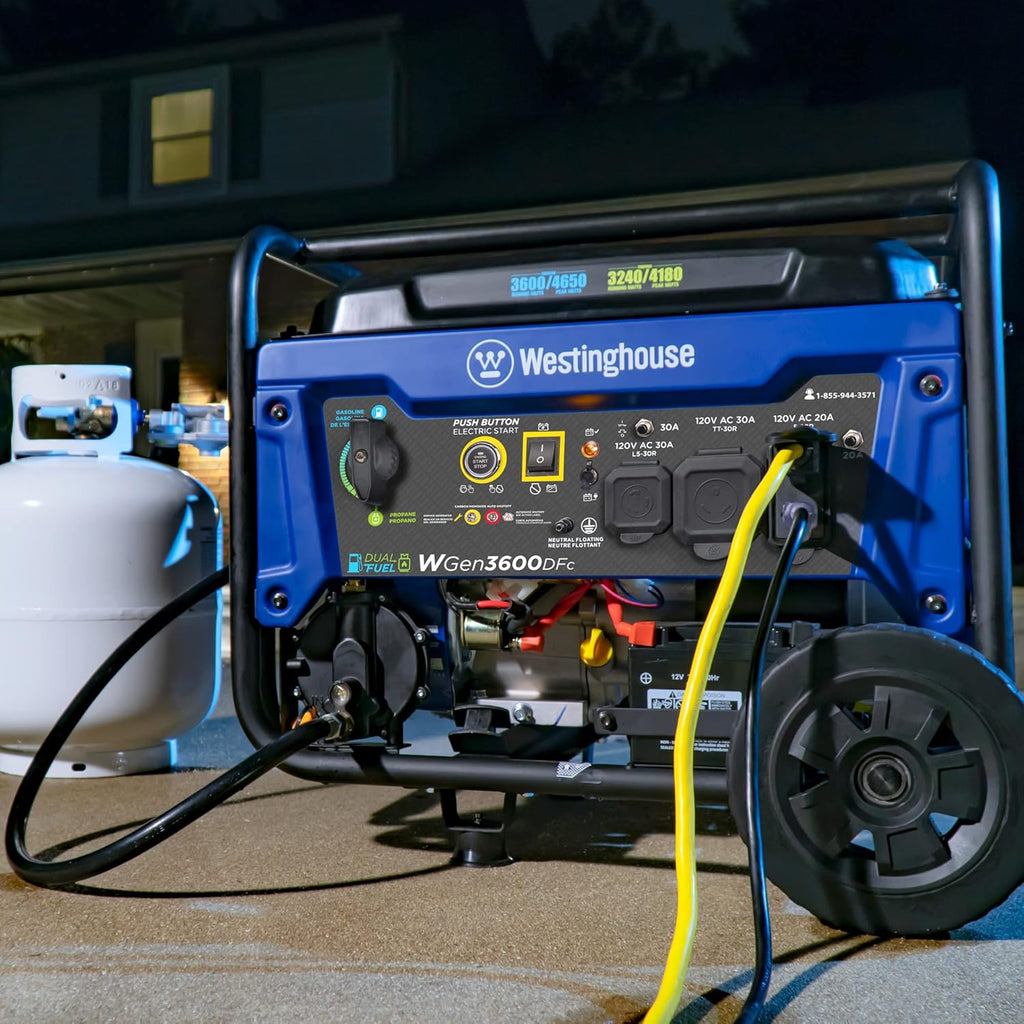 Westinghouse 4650 Peak Watt Dual Fuel Portable Generator, Remote Electric Start with Auto Choke, RV Ready 30A Outlet, Gas & Propane Powered, CO Sensor
