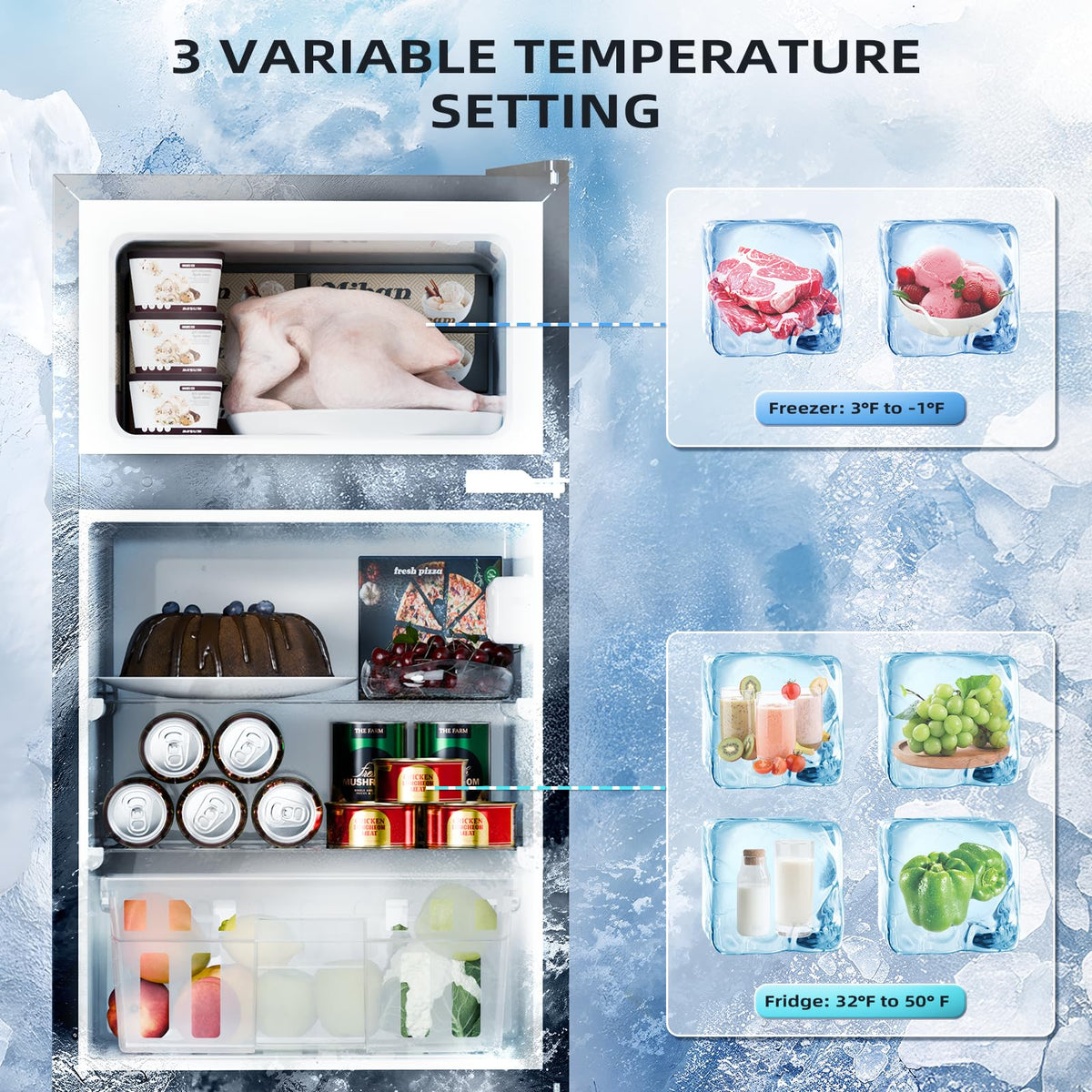 Antarctic Star Compact Refrigerator,3.2 Cu.Ft. Mini Separate Freezer Double 2-Door,Adjustable Removable Shelves for Basement,Apartment,Dorm,Office