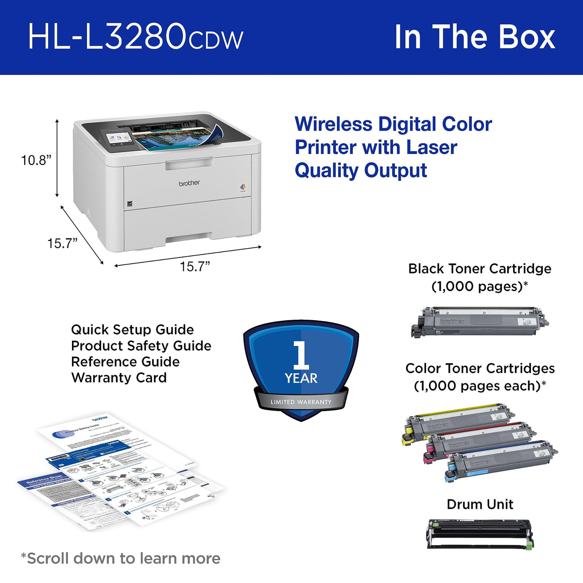 Brother HL-L3280CDW Wireless Compact Digital Color Printer with Laser Quality Output, Duplex, Mobile Printing & Ethernet | Includes 2 Month Refresh