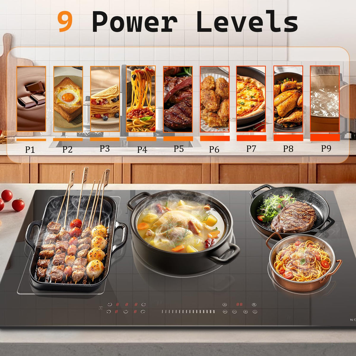 Noxton 24 Inch Induction Cooktop, 4 Burners Electric Cooktop, Upgraded Induction Stovetop with Flex Zone, Power Boost, Pause, 9 Power Levels, Child