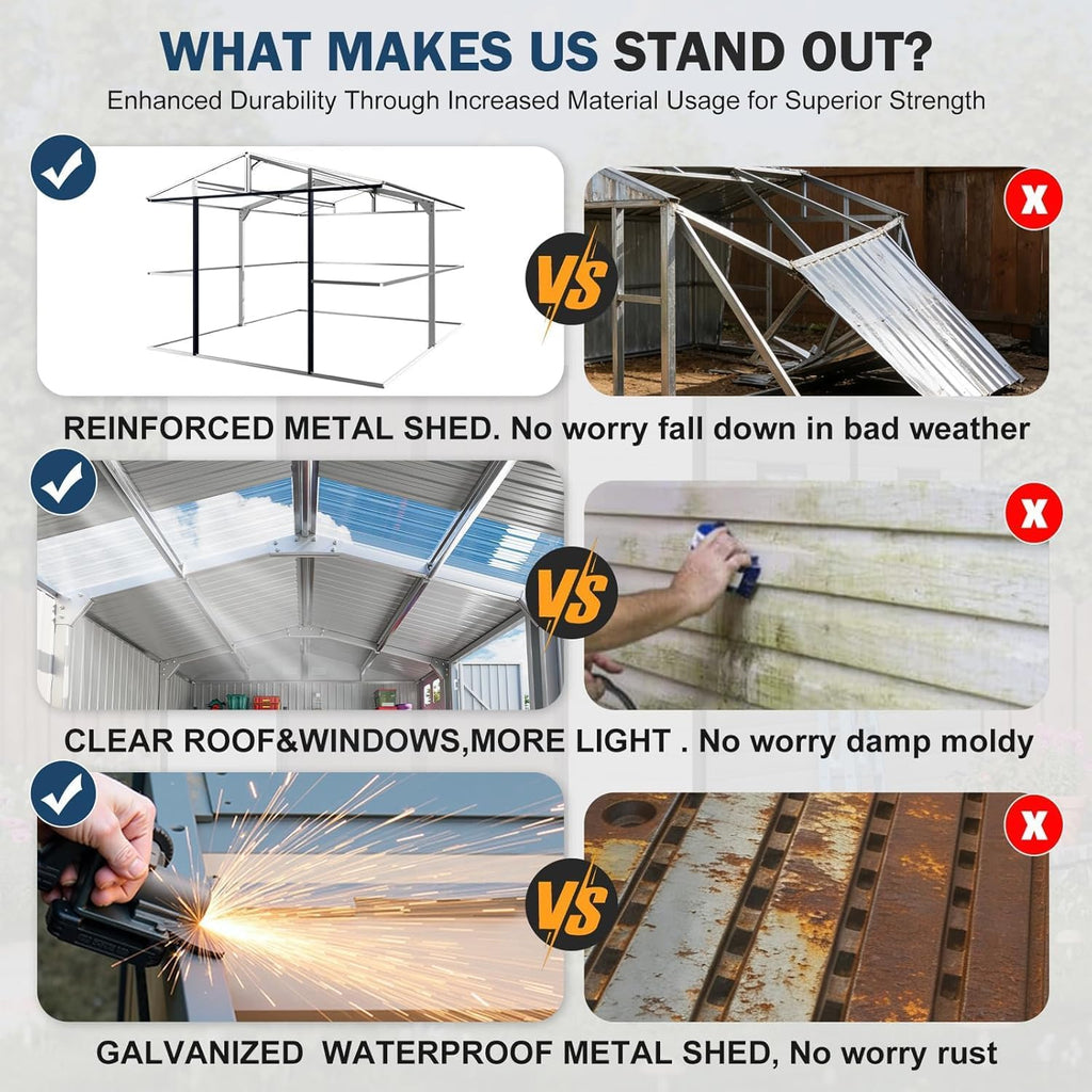 10x12 FT Metal Outdoor Storaged Shed with Floor Base Waterproof Heavy Duty Reinforced Frame with Unique Clear Roof Skyview Windows Air Vent for