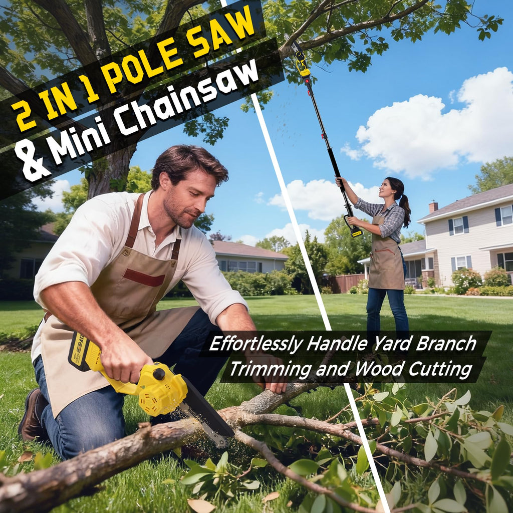 2-in-1 Cordless Pole Saw & 8'' Mini Chainsaw,Forest Ranger Approved Electric Handheld Chain Saw with 2 21V 4.0Ah Rechargeable Batterie&Charger, Auto