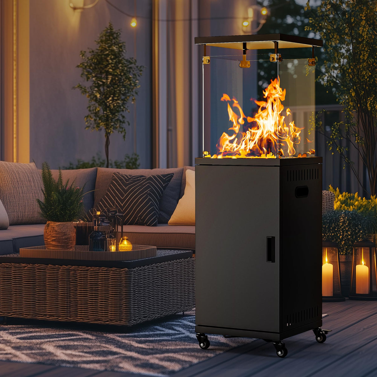 PAMAPIC Patio Heater, 42,000 BTU Quartz Glass Tube Brown Tower Propane Outdoor Heater with Cover