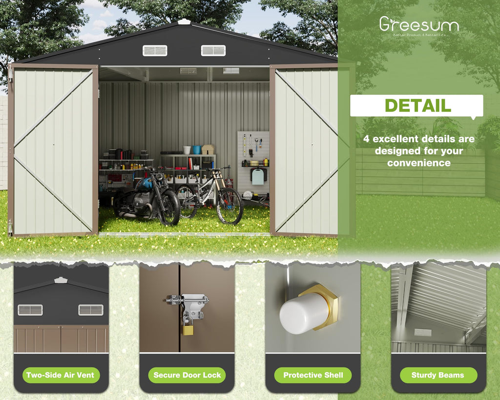 Greesum Outdoor Storage Shed 6 x 8 ft. Utility Tool Shed Metal Storage Garden Shed with Door & Lock for Patio Storage, Brown