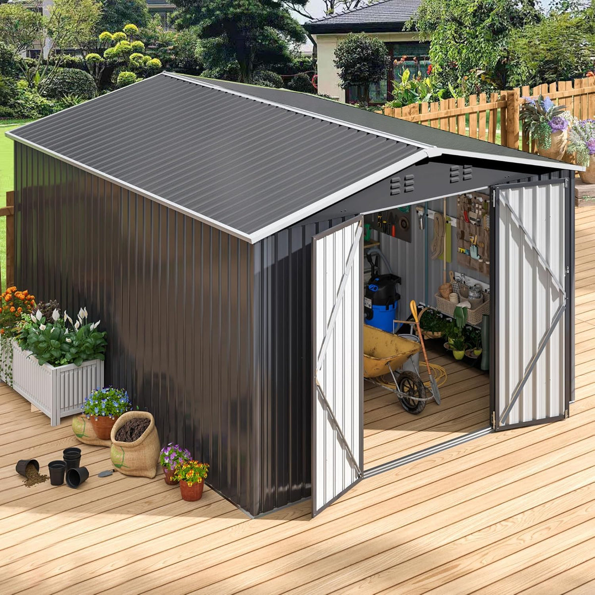 Polar Aurora 12x14 FT Outdoor Storage Shed, Garden Shed with Updated Frame Structure and Lockable Doors, Metal Tool Sheds for Backyard Garden Patio