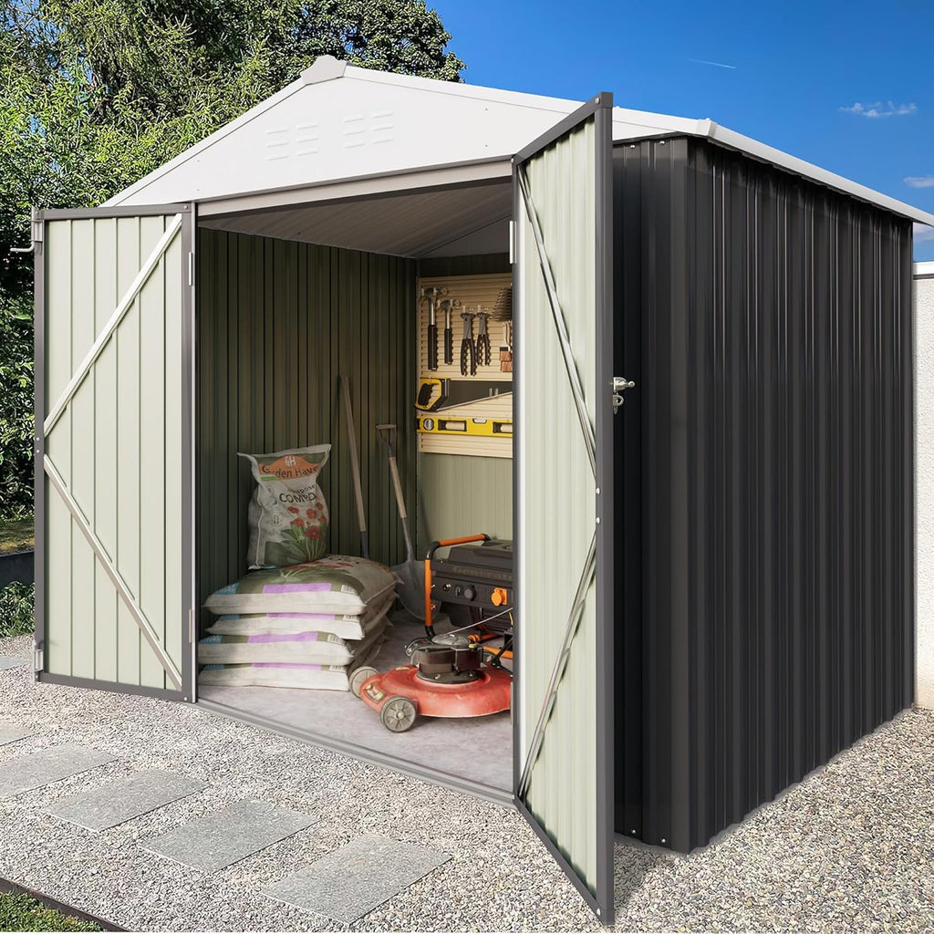 Greesum Outdoor Storage Shed 6 x 8 ft. Utility Tool Shed Metal Storage Garden Shed with Door & Lock for Patio Storage, Brown