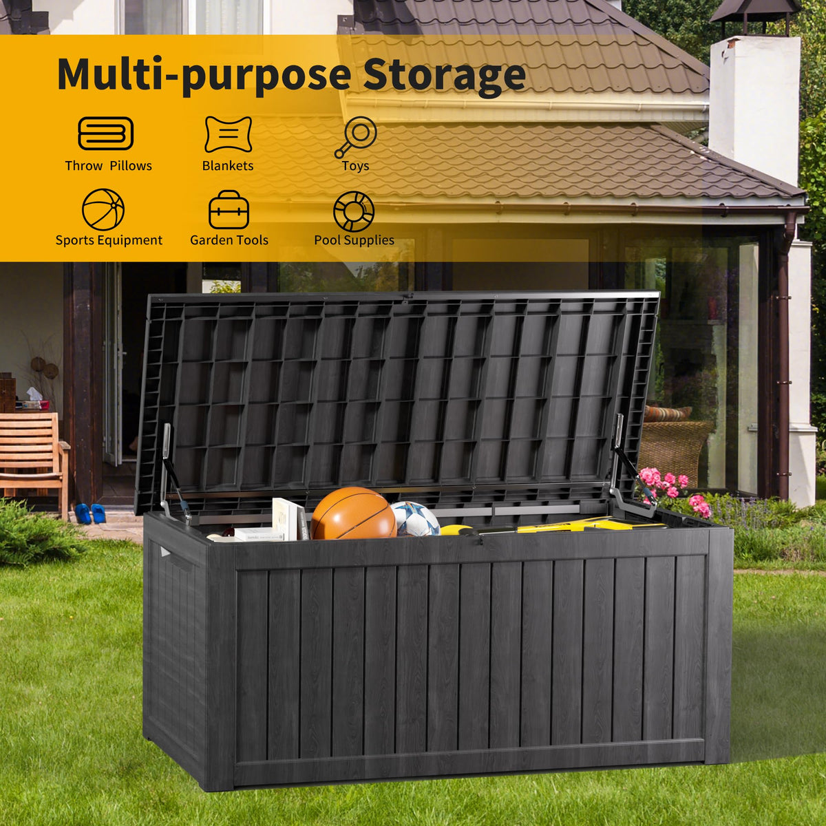 Mersco 320 Gallon Double-Wall Resin Deck Box - Lockable Waterproof Outdoor Storage Box, 1000lbs Capacity & Doubles as Seating for Patio Furniture