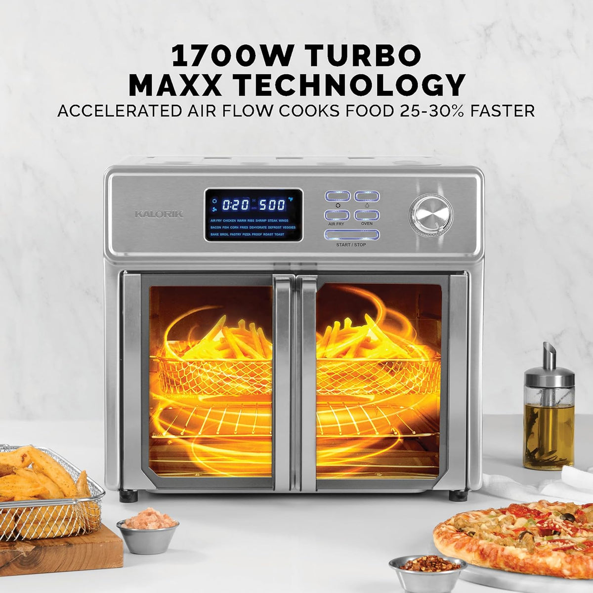 Kalorik MAXX Air Fryer Oven, 26 Quart 10-in-1 Countertop Toaster Oven & Air Fryer Combo - Fry, Bake, Roast, Rotisserie, & More, Large Glass French