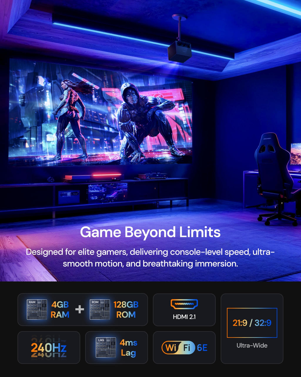 VisionMaster Pro2 Triple Laser Projector 4K,15000:1 Contrast, 0.9-1.5x Optical Zoom, 2X Multitasking Power, IMAX, HDR10+, GTV, 4ms Lag-Free Gaming
