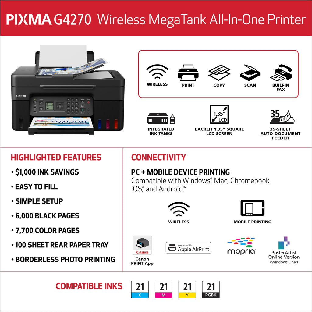 Canon MegaTank MAXIFY GX2020 All-in-One Wireless Color Printer C Print, Copy, Scan with Duplex Printing C Refillable Tank System, Compact Desktop
