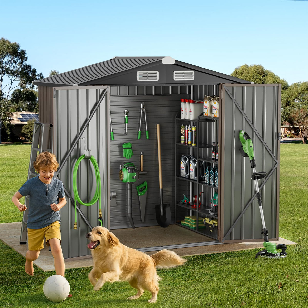 GVDV 10x14 FT Outdoor Metal Storage Shed, Durable Garden Shed with Updated Frame Structure for Backyard, Patio, Tool Storage, All-Weather Shelter for