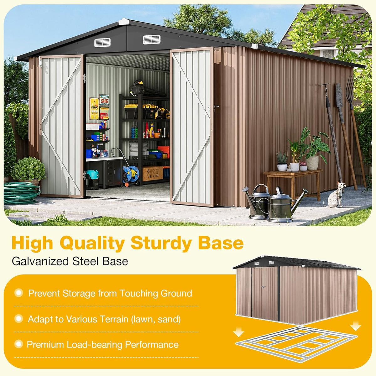 10x12 FT Outdoor Storage Shed with Floor Foundation & Lockable Double Doors, Heavy-Duty Galvanized Steel Outdoor Metal Shed for Bike, Tool Storage in