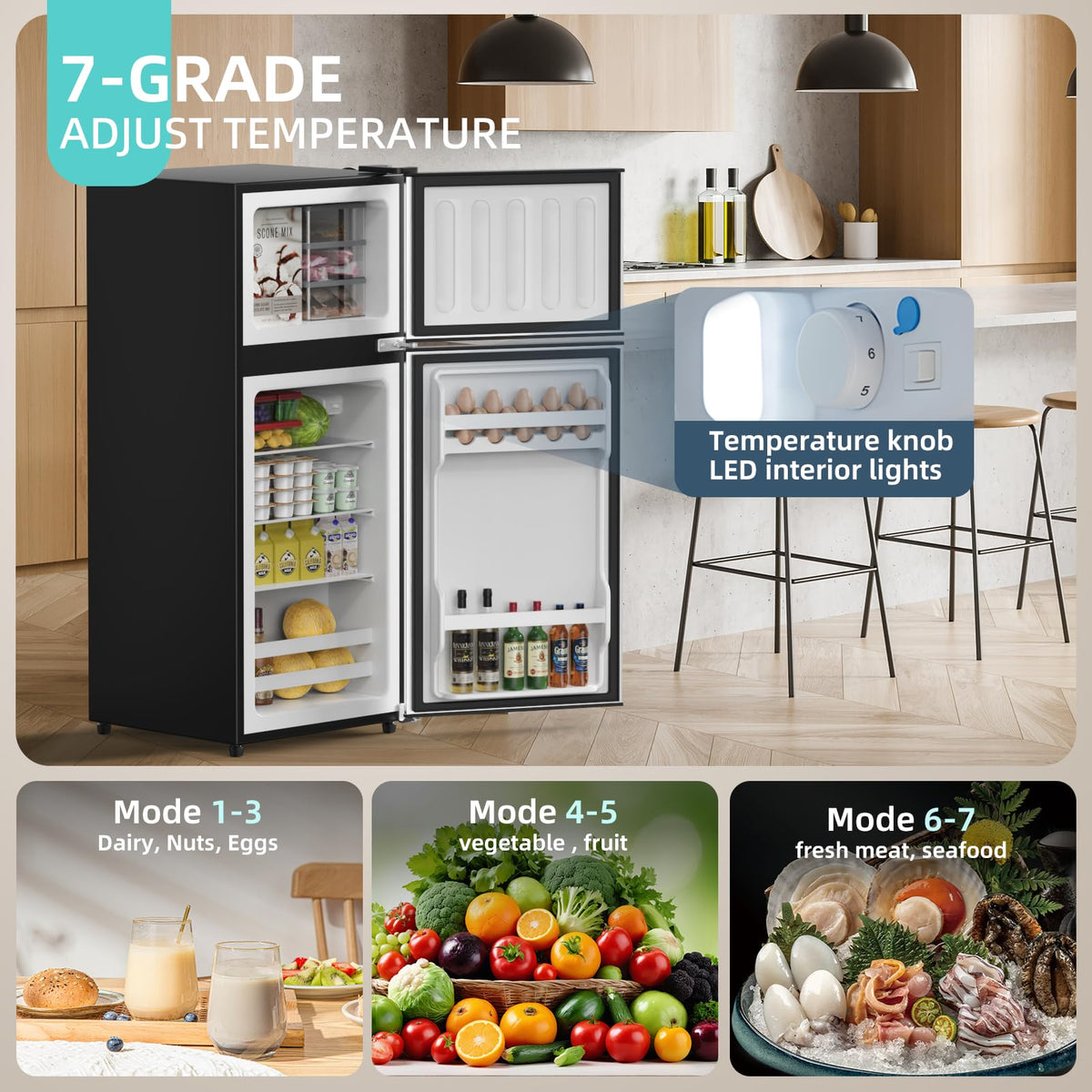 2.9 Cu.Ft Compact Double Door Mini Fridge - Top Freezer & Bottom Refrigerator | Energy Save,7-Level Precision Cooling | Ideal for Dorm, Bedroom