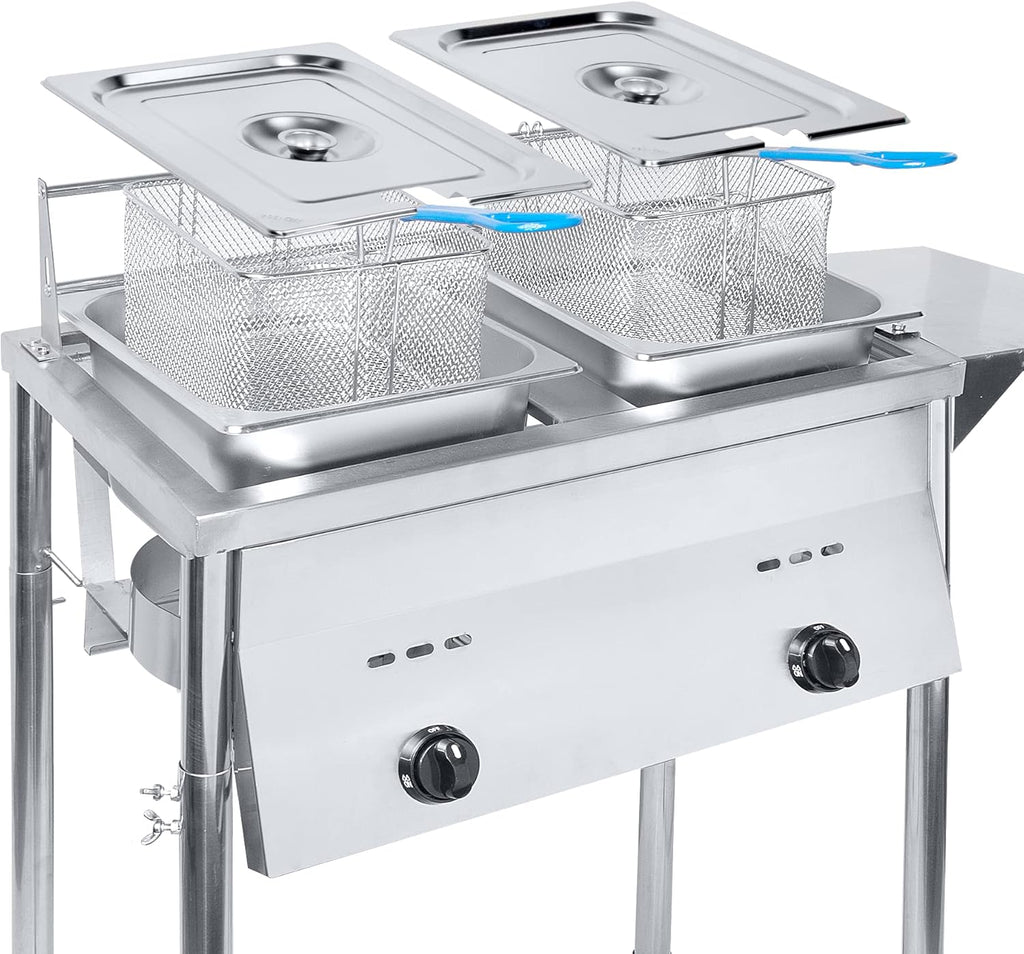Silver Deep Fryer with Thermometer, Propane Deep Fryer with 2 Stainless Steel Baskets & Lids, Adjustable Temperature with Regulating Knobs