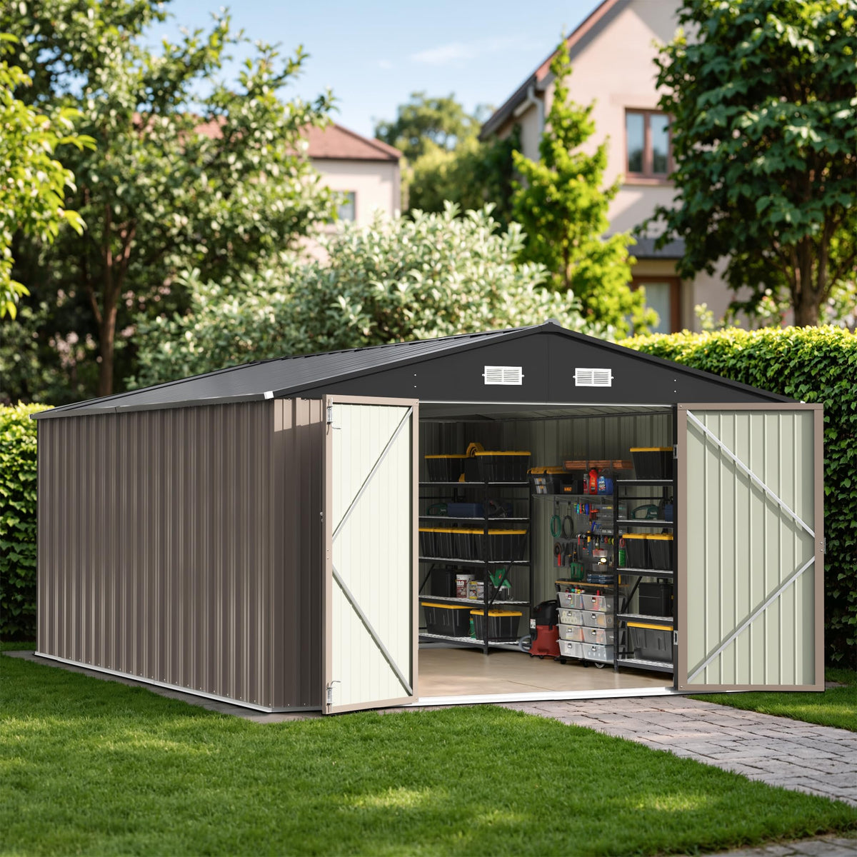 Patiowell 10 x 12 FT Metal Storage Shed for Outdoor, Steel Yard Shed with Design of Lockable Doors, Utility and Tool Storage for Garden, Backyard