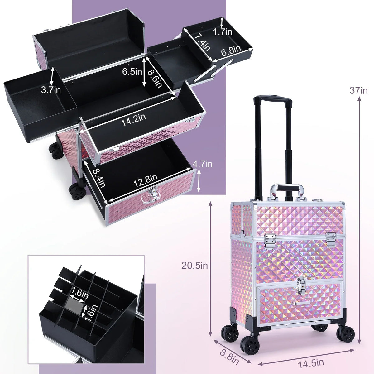 Trolley Professional Rolling Makeup Drawers, with Cosmetic Pink Joligrace Case
