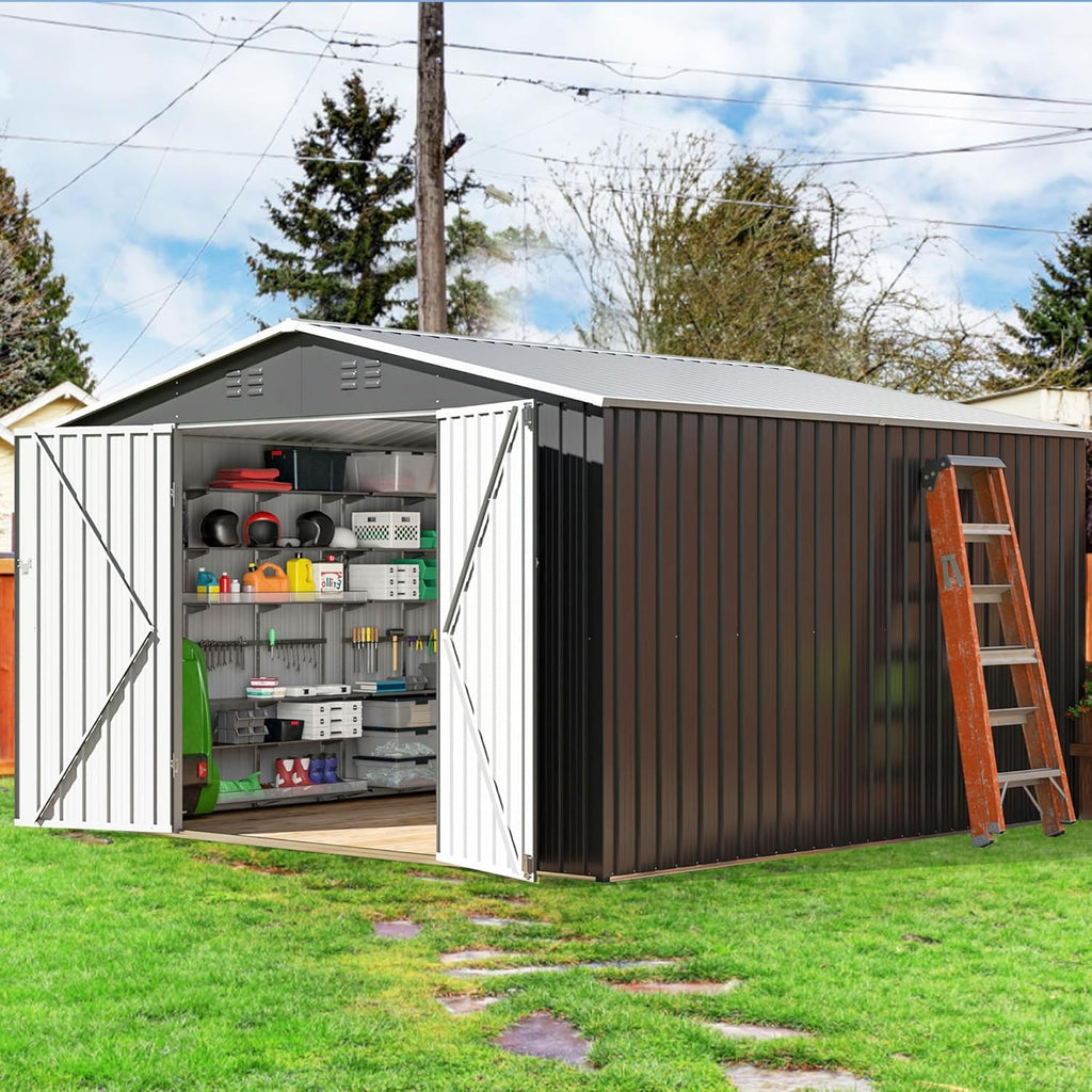 Polar Aurora 12x14 FT Outdoor Storage Shed, Garden Shed with Updated Frame Structure and Lockable Doors, Metal Tool Sheds for Backyard Garden Patio