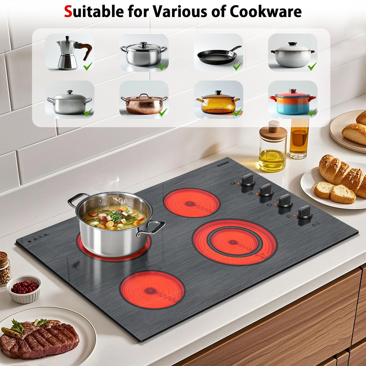 Karinear Electric Cooktop 24 Inch, 4 Burners Electric Stove Knob Control, Built-in Ceramic Cooktop with Beautiful Woodgrain Pattern Glass Surface