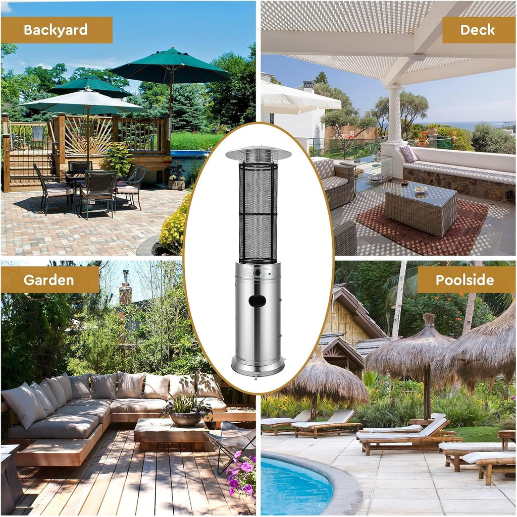 COSTWAY Outdoor Propane Patio Heater, 40,000 BTU Propane Heater with Dancing Flame, Portable Wheels, Stainless Steel Pyramid Floor-Standing Outdoor