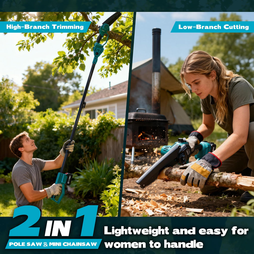 2-in-1 Cordless Pole Saw & 8'' Mini Chainsaw,Forest Ranger Approved Electric Handheld Chain Saw with 2 21V 4.0Ah Rechargeable Batterie&Charger, Auto