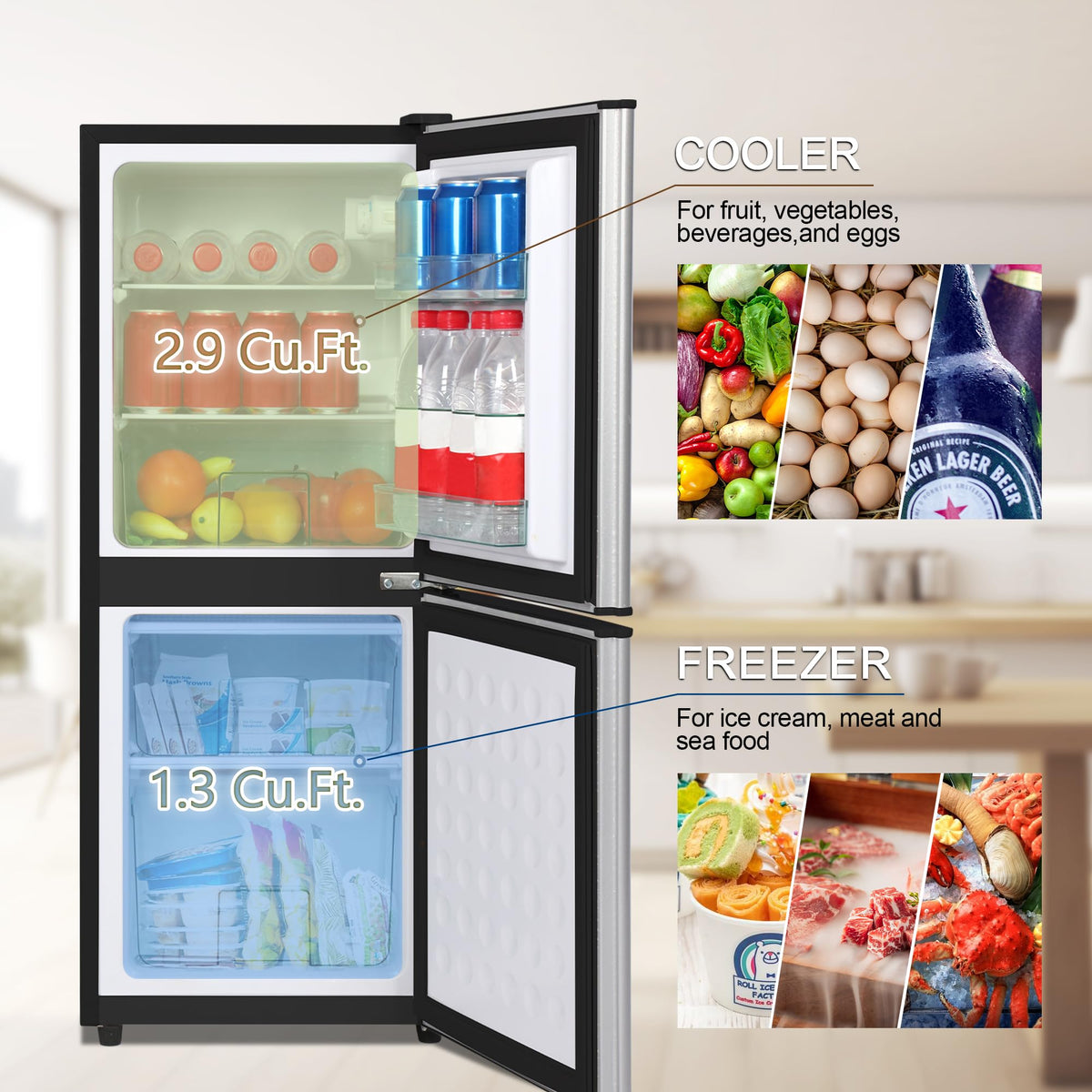 3.3 Cu. Ft. Mini Fridge with Freezer, Compact Refrigerator with Adjustable 7-Level Thermostat, Dorm Fridge for Kichen, RV, Office, Apartment, Black