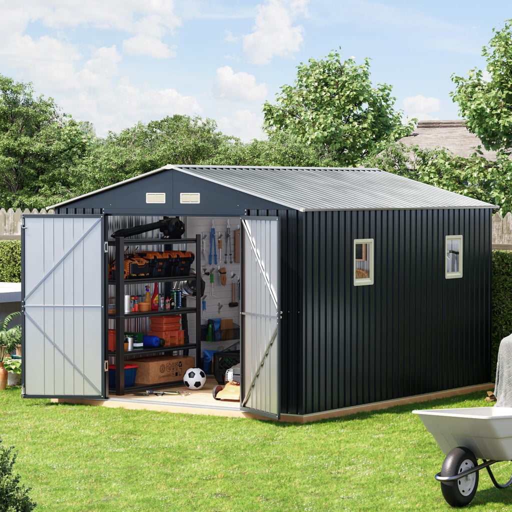 10x10 FT Outdoor Metal Storage Shed, Double Swing Doors, 2 Clear Windows,Tool Shed for Garden, Patio, Backyard Nightblue