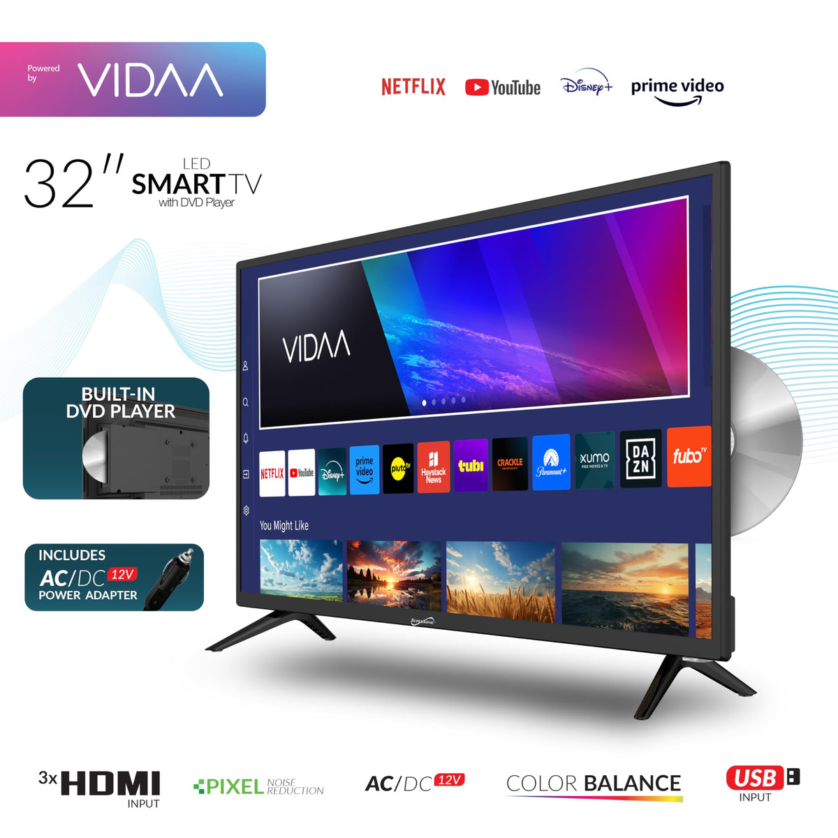 Supersonic SC-1926DVD 19-inch LED Smart HDTV w/DVD Player, 3X HDMI, 1080p, WiFi, USB, AC/DC Compatible for Home, Kitchen, or RV Camper, DC Car Cord