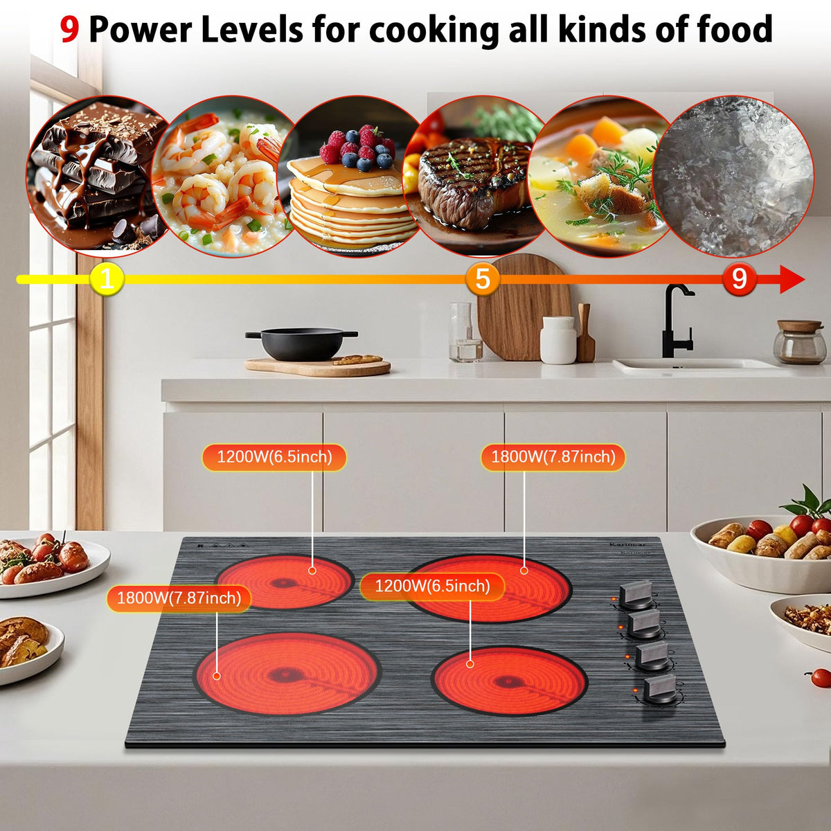 Karinear Electric Cooktop 24 Inch, 4 Burners Electric Stove Knob Control, Built-in Ceramic Cooktop with Beautiful Woodgrain Pattern Glass Surface