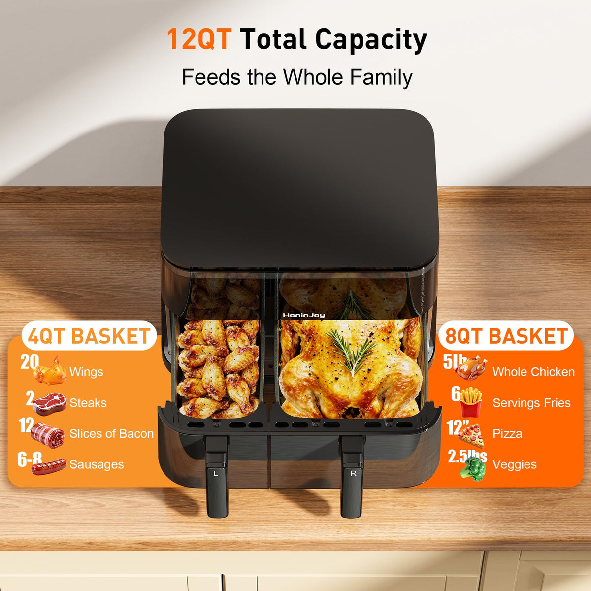 12QT Large Dual Basket Air Fryer with Viewing Window and 50pcs Paper Liners, 10-in-1 Digital Touchscreen Double Zone Air Fryers, SyncCook to Bake