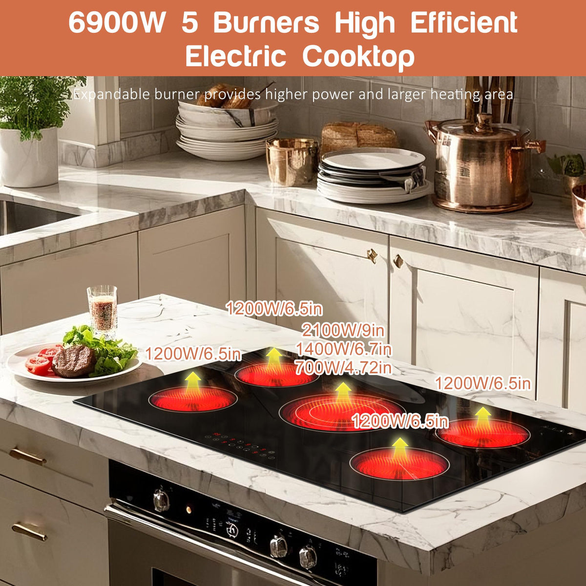 Karinear Electric Cooktop 30 Inch, 5 Burners Electric Stove 30 Inch Electri Ceramic Cooktop, 9 Power Level, Pause, Timer, Child Safety Lock, Triple