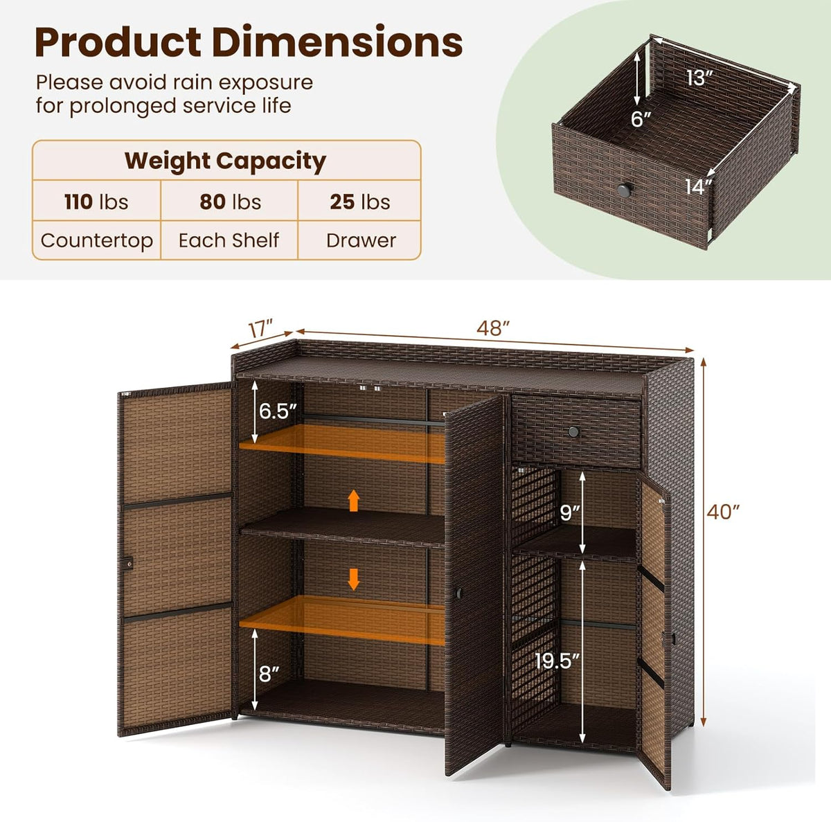 Tangkula Rattan Outdoor Storage Cabinet, Patiojoy Outdoor Cabinet with 4 Adjustable Shelves, 1 Drawer, 3 Doors, Patio Storage Deck Box Table for