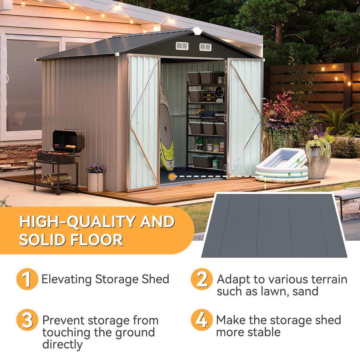 Aoxun 7.4x5.3FT Shed with Floor Galvanized Steel Outdoor Storage Shed Metal Garden Shed with Double Doors, 15mm Moisture-Proof Floor & Ventilation