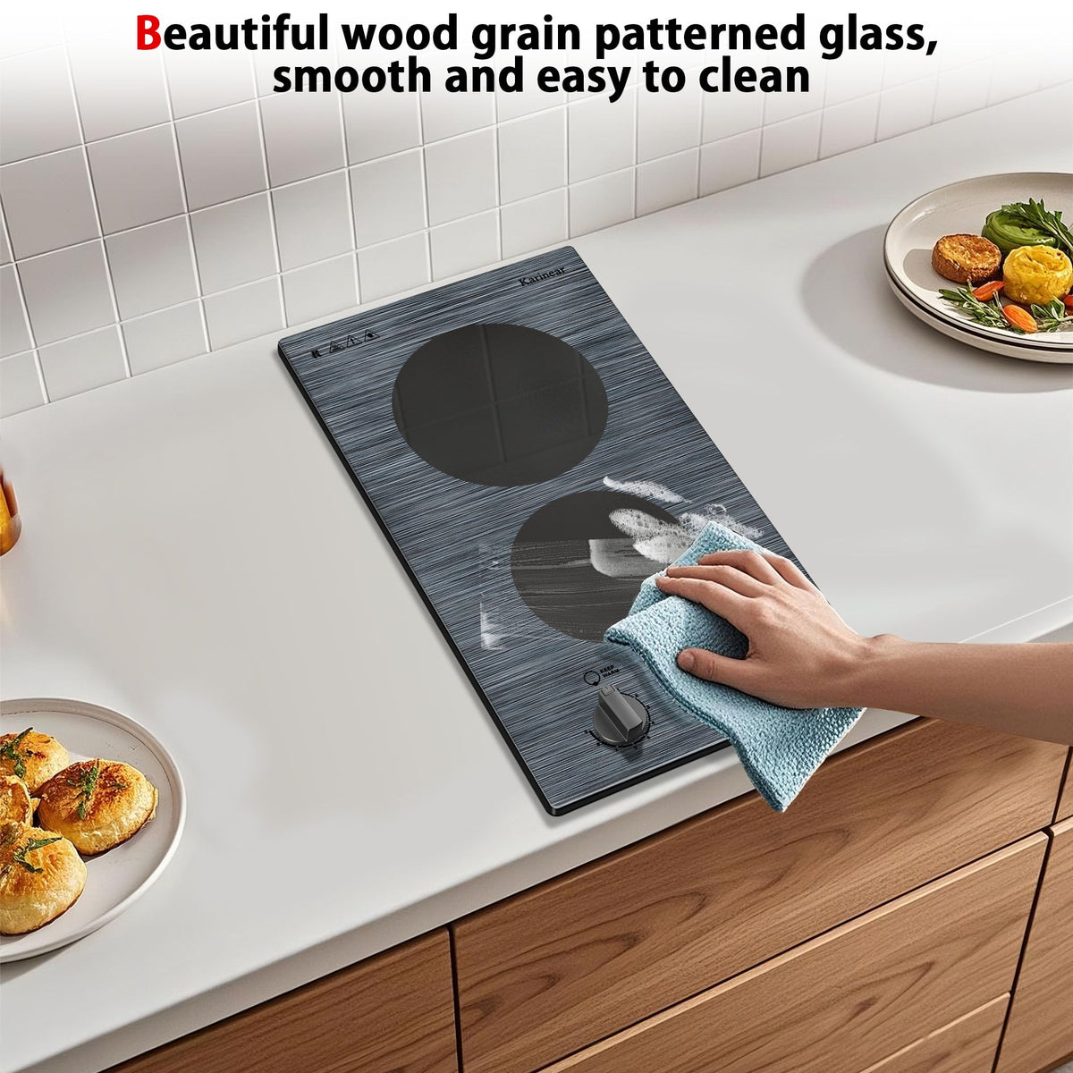 Karinear Electric Cooktop 24 Inch, 4 Burners Electric Stove Knob Control, Built-in Ceramic Cooktop with Beautiful Woodgrain Pattern Glass Surface