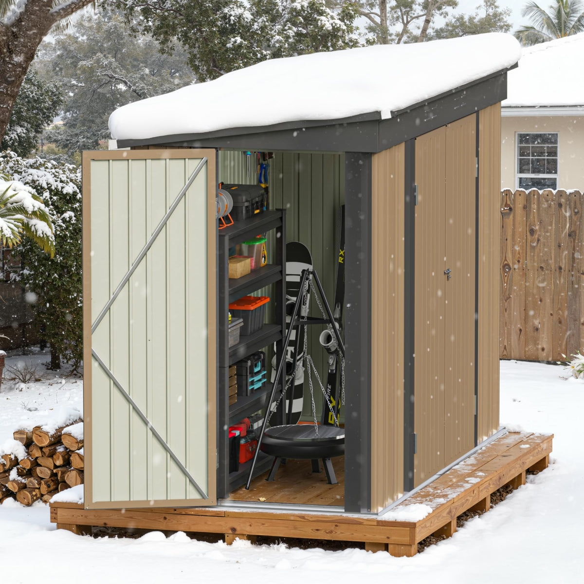 Greesum Outdoor Storage Shed 6 x 8 ft. Utility Tool Shed Metal Storage Garden Shed with Door & Lock for Patio Storage, Brown