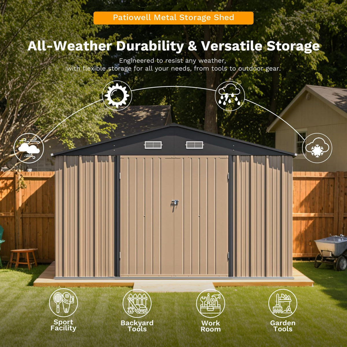 Patiowell 10 x 12 FT Metal Storage Shed for Outdoor, Steel Yard Shed with Design of Lockable Doors, Utility and Tool Storage for Garden, Backyard