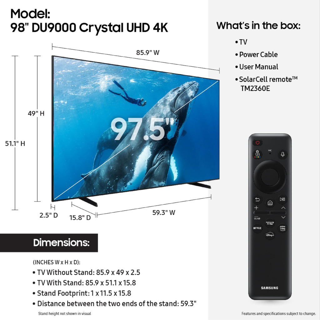 Samsung 98-Inch Class 4K Crystal UHD DU9000 Series HDR Smart TV, Object Tracking Sound Lite, Motion Xcelerator 120Hz, Supersize Picture Enhancer