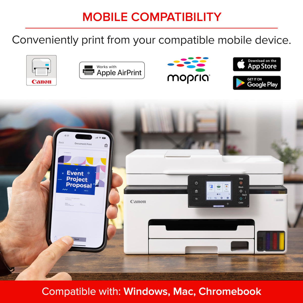 Canon MegaTank MAXIFY GX2020 All-in-One Wireless Color Printer C Print, Copy, Scan with Duplex Printing C Refillable Tank System, Compact Desktop