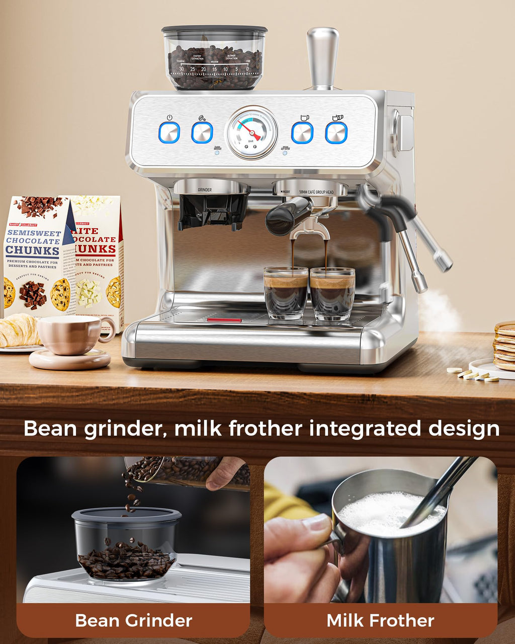 (2025 Upgrade)20 Bar Espresso Machine with Grinder & Milk Frother Steam Wand, Tamping Tools, Expresso Coffee Machines 58mm Commercial Espresso Maker