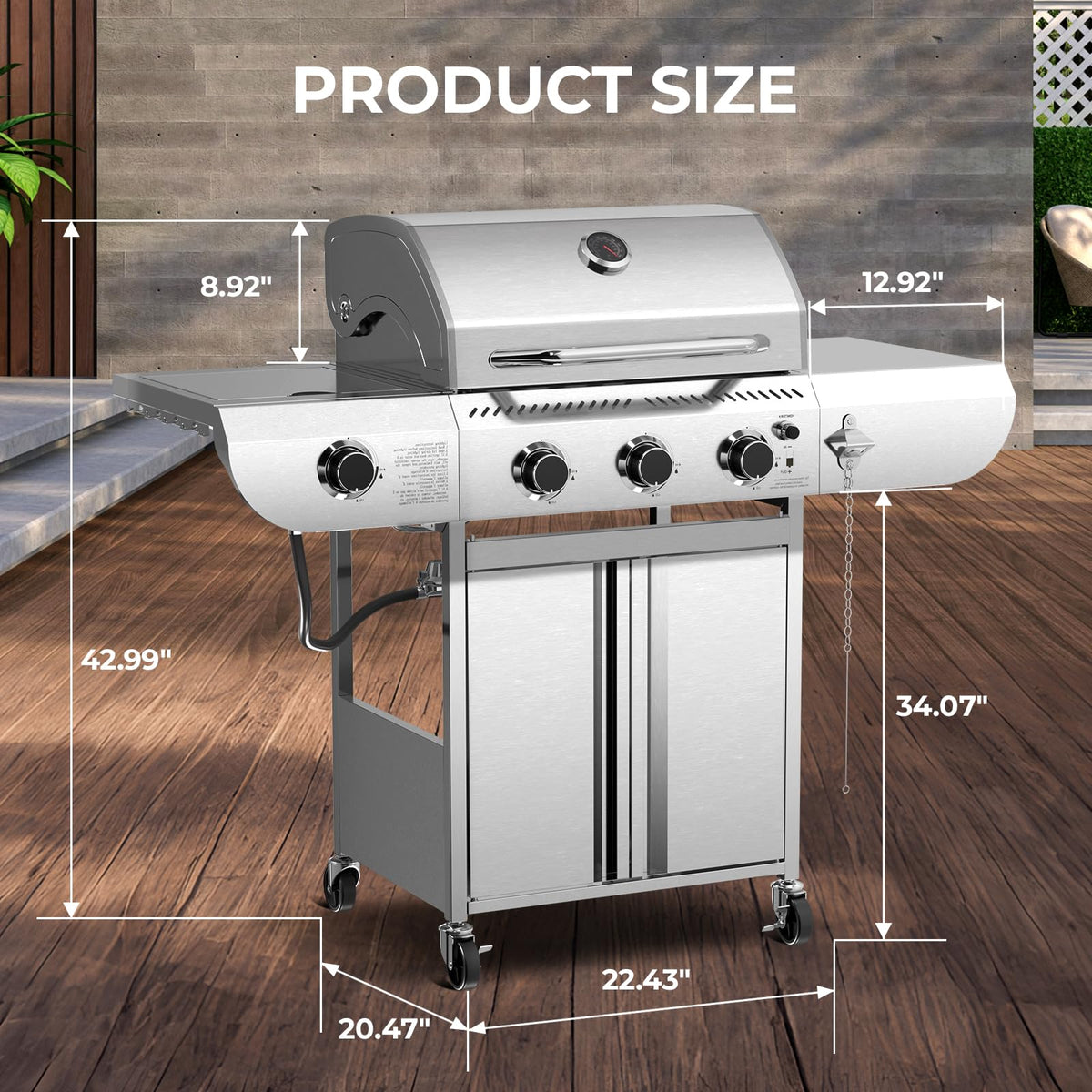 3-Burner Propane Gas Grill with Side Burner C 34,000 BTU Stainless Steel Outdoor BBQ Grill, Cast Iron Grates, Portable with Wheels for Patio, Camping