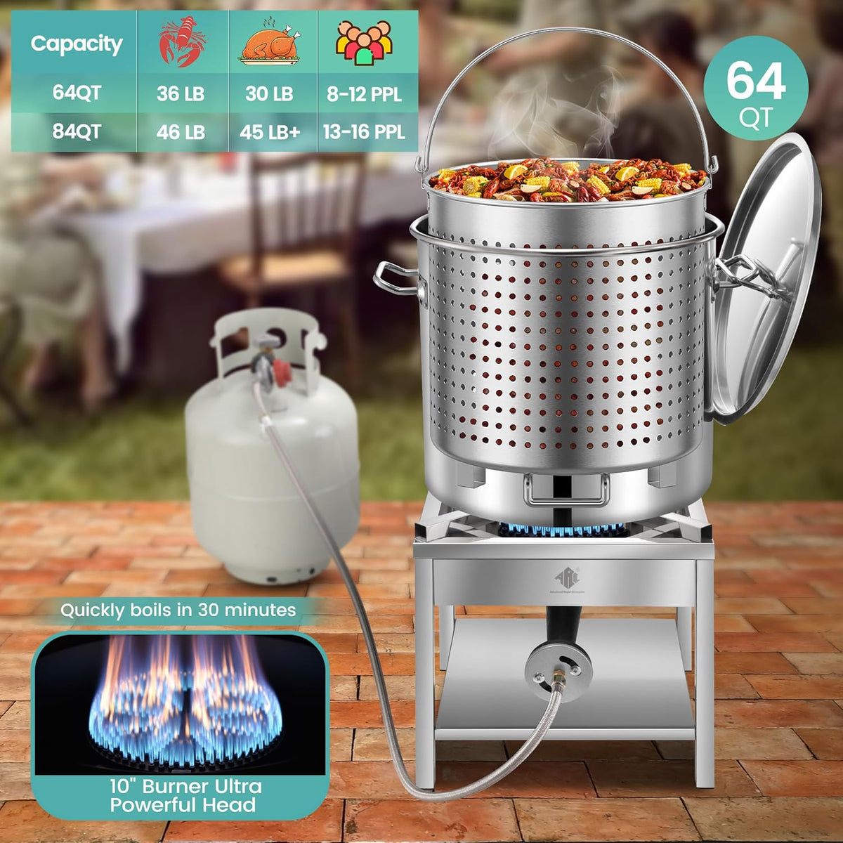 64QT Seafood Boil Pot w/200,000BTU Propane Burner Set, Stainless Steel Basket for Outdoor Deep Fryer, Large Cooking Pot for Turkey Fryer, Crawfish