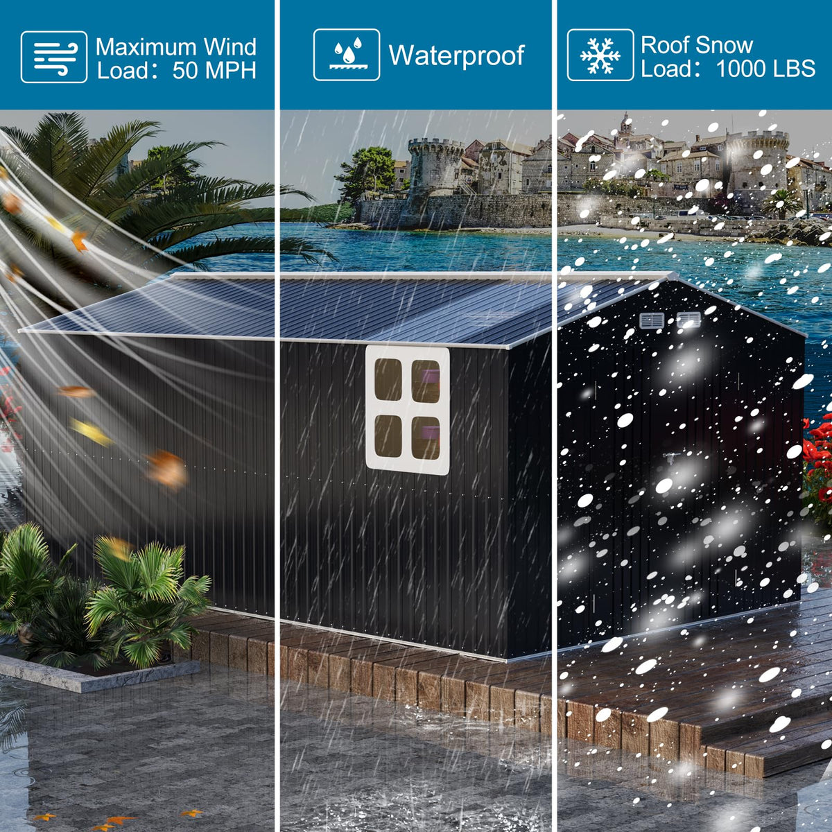 10x12 FT Metal Outdoor Storaged Shed with Floor Base Waterproof Heavy Duty Reinforced Frame with Unique Clear Roof Skyview Windows Air Vent for