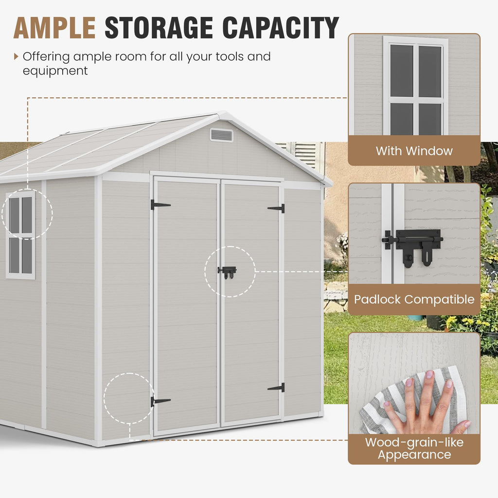 Amopatio 10x8 FT Storage Shed, Resin Shed with Floor Included, Plastic Sheds Outdoor Storage for Bike, Garden Tools, Sheds & Outdoor Storage with