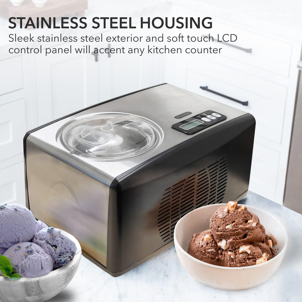 Whynter Ice Cream Maker Machine Automatic 2.1 Qt. with Built-In Compressor, LCD Digital Display & Timer, No Pre-Freezing, ICM-200LS, Stainless Steel