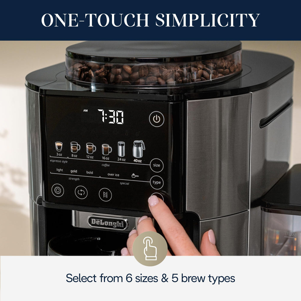 De'Longhi True Brew Drip Coffee Maker, Built in Grinder, Single Serve, 8 oz to 24 oz, Hot or Iced Coffee, Stainless, CAM51025MB