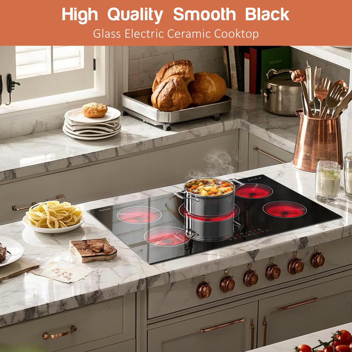 Karinear Electric Cooktop 30 Inch, 5 Burners Electric Stove 30 Inch Electri Ceramic Cooktop, 9 Power Level, Pause, Timer, Child Safety Lock, Triple