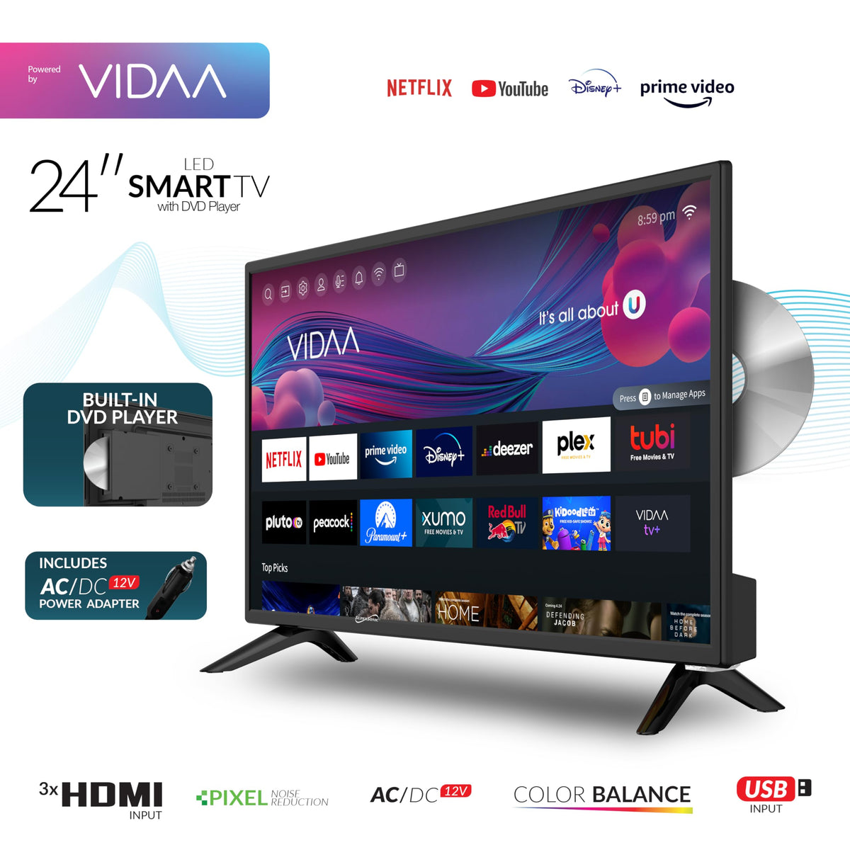 Supersonic SC-1926DVD 19-inch LED Smart HDTV w/DVD Player, 3X HDMI, 1080p, WiFi, USB, AC/DC Compatible for Home, Kitchen, or RV Camper, DC Car Cord