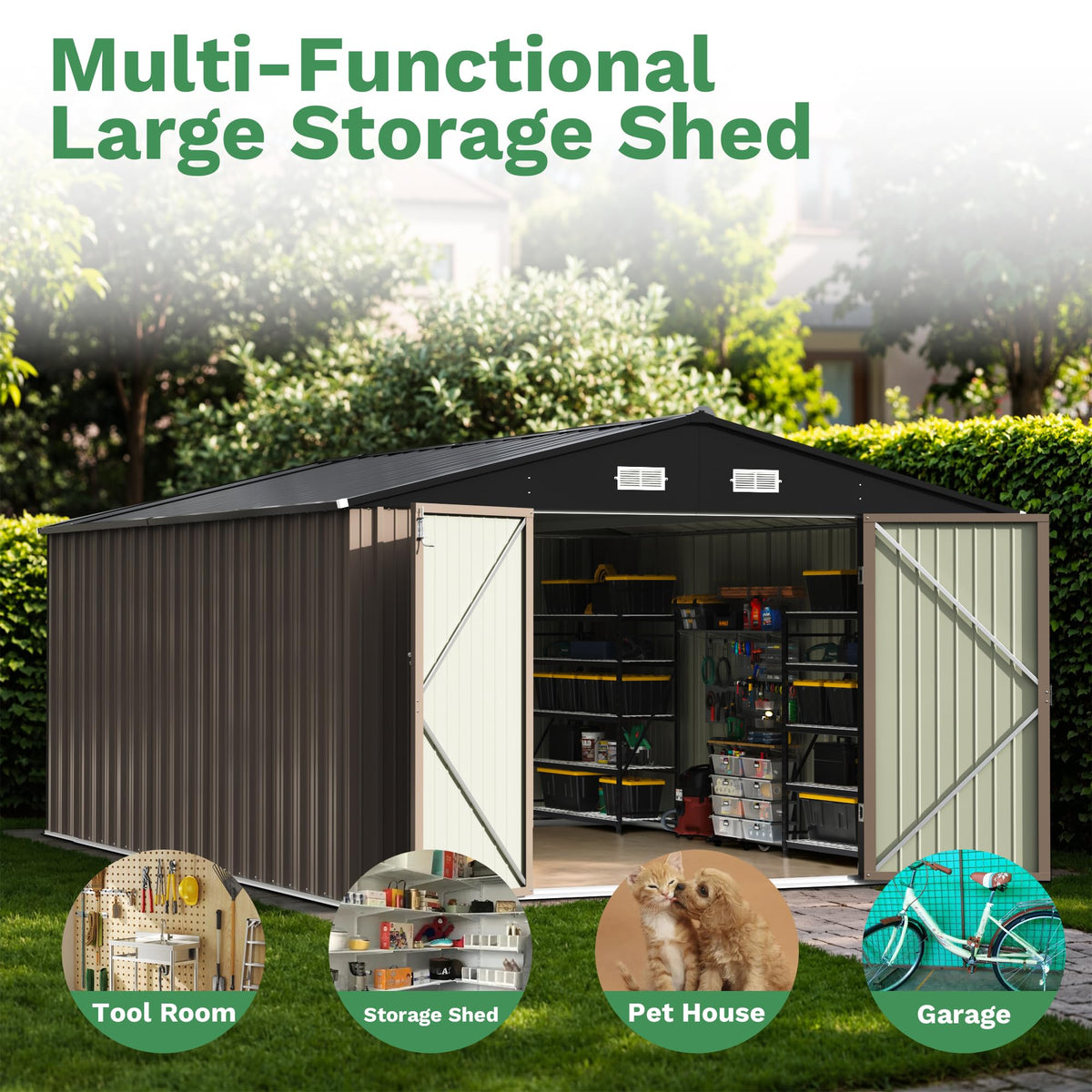 Patiowell 10 x 12 FT Metal Storage Shed for Outdoor, Steel Yard Shed with Design of Lockable Doors, Utility and Tool Storage for Garden, Backyard